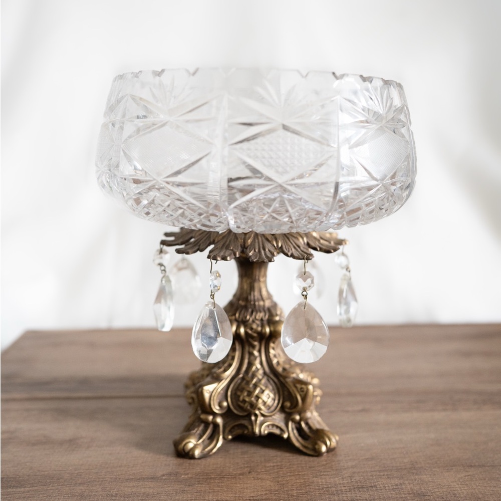 Vintage Crystal Glass Bowl with Ornate Brass Pedestal Base
